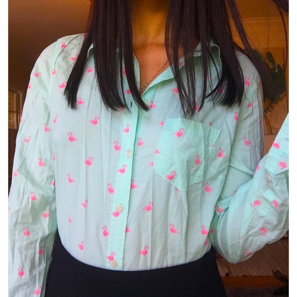Flamingo Print Button Up Long Sleeved Shirt